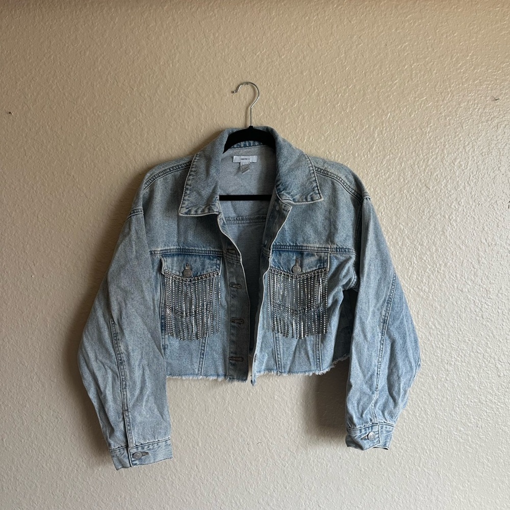 Forever 21 Light Blue Cropped Denim Jacket with Rhinestone Fringe